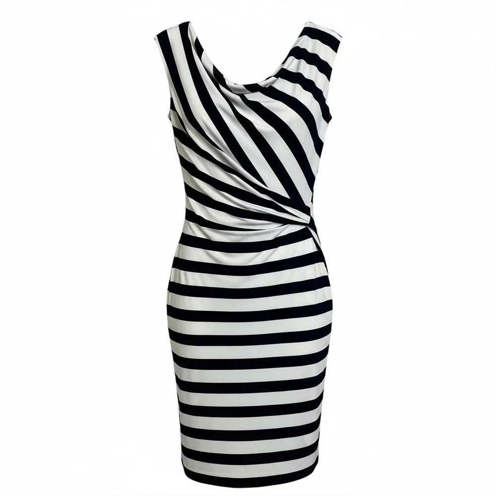 Lauren Ralph Lauren Navy‎ White Striped Draped Neck Sheath Dress Size 4
